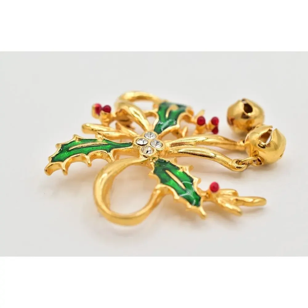 Vintage Christmas Pin Brooch Bell Holly Berry Green Red Enamel Gold 1980s BinAL